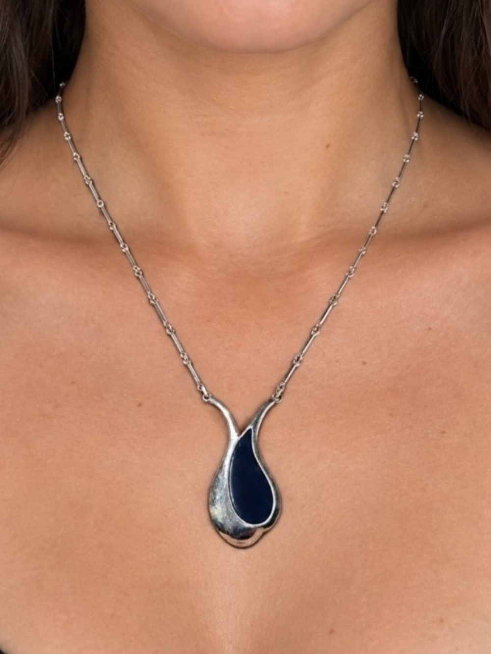 Sarah Coventry Danish Mood Necklace 1979 Blue Enamel Modernist Teardrop Pendant